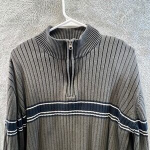 XG Mens Gray Ribbed 100% Cotton Quarter Zip Striped Sweater Size Large Y2K 90s